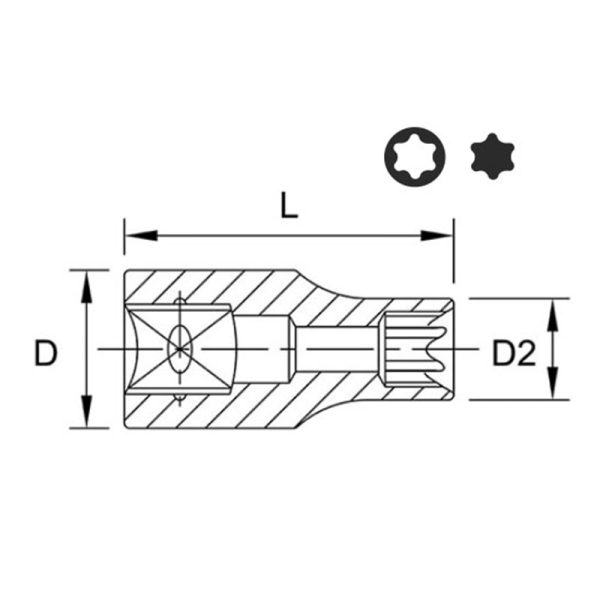 Chiave A Bussola Profilo Torx Femmina E12 | 38 mm | Attacco 1/2″ Marca Toptul