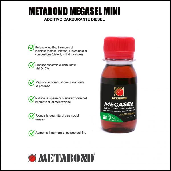 Metabond Megasel Additivo Carburante Diesel Lubrificante Carburante Pulizia Iniettori 50ml